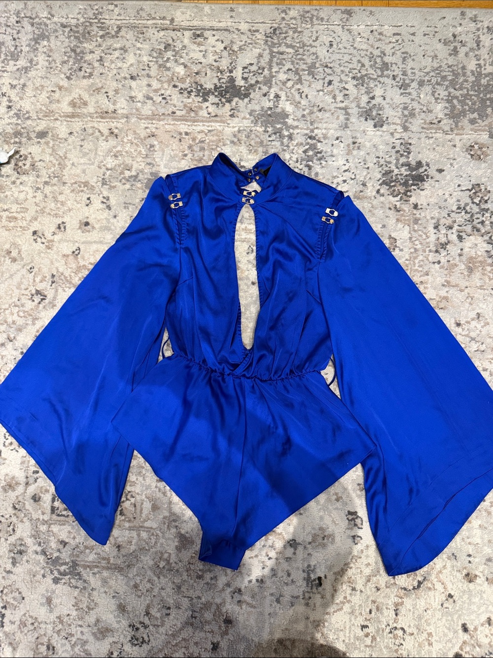 Honey Birdette Cobalt Blue Satin Cutout Peplum Bodysuit